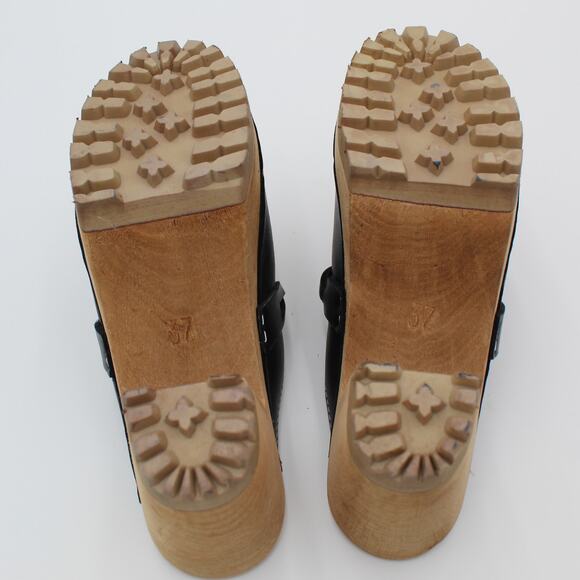 MIA Swedish Clogs 37 Womens 7 Black Leather Braided Wooden Heel Comfort Shoe - Picture 8 of 9